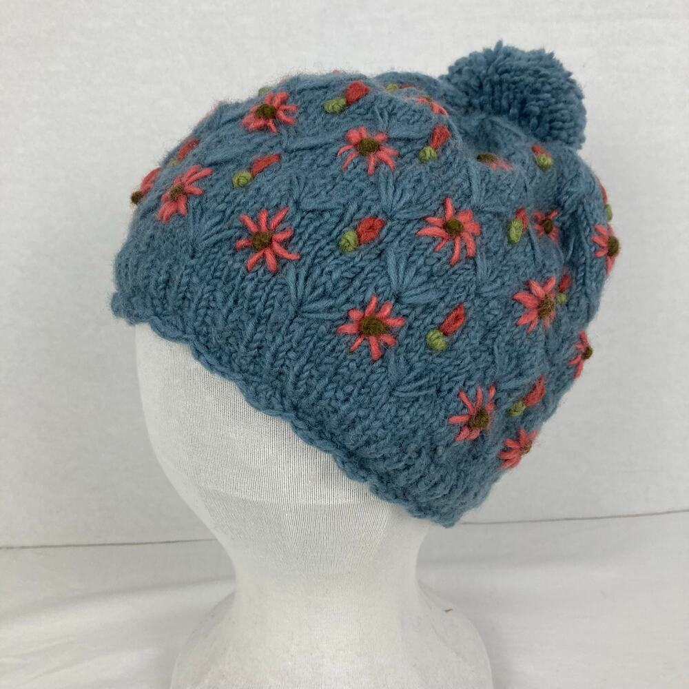 NWT Lost Horizons Anaya Wool Beanie Womens Blue Floral Embroidery Pom Nepal